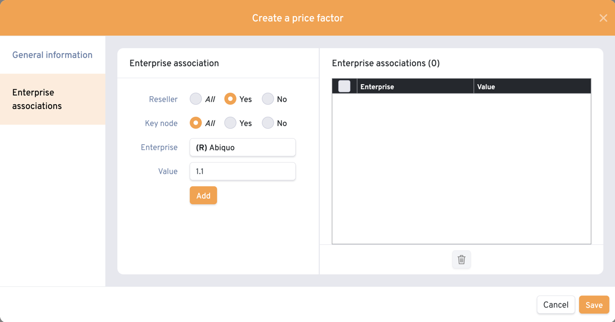 Create a price factor for resellers and add an enterprise association