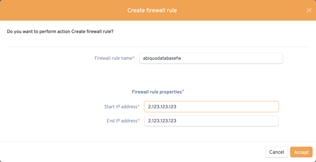  Example firewall rule properties but use your own IP address